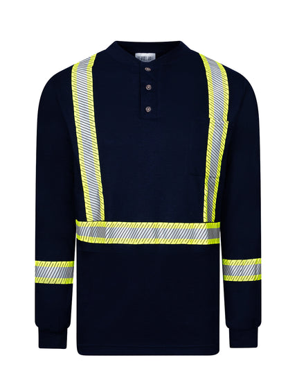 Front Line 6.9 oz Henley Segmented Striped Navy Long Sleeve T-Shirt
