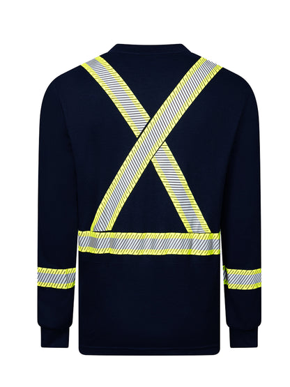 Front Line 6.9 oz Henley Segmented Striped Navy Long Sleeve T-Shirt