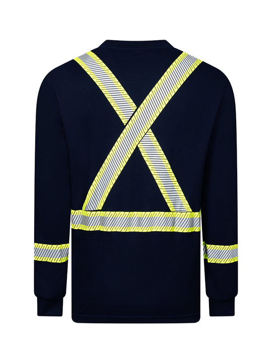 Front Line 6.9 oz Henley Segmented Striped Navy Long Sleeve T-Shirt